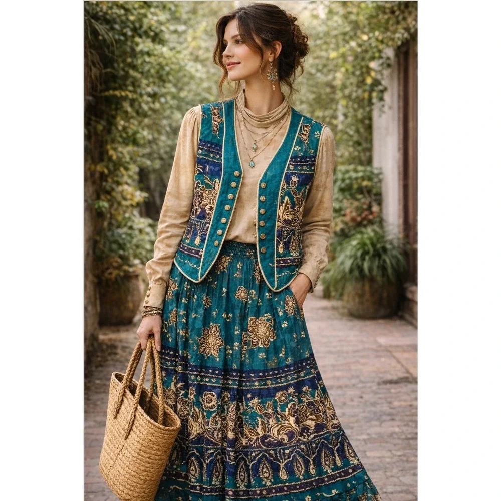 Howard Wolf Vintage 3-Piece Set Teal Gold Paisley‎ Quilted Vest Skirt Blouse 12